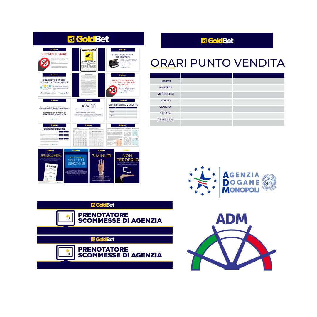 Kit poster cartelli regolamenti, Pannelli orario, adesivi Goldbet